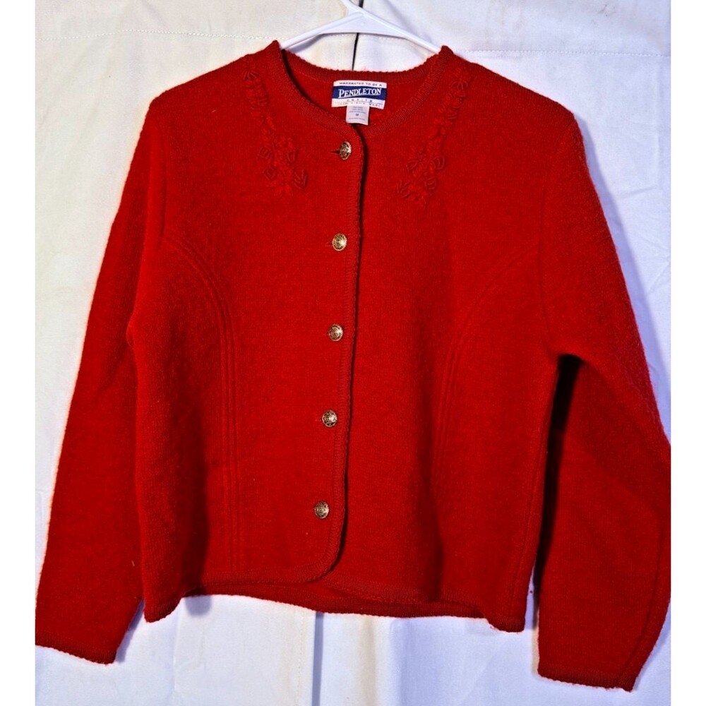 Pendleton Wool Red Cardigan Sweater Women's Medium Petite Grannycore Vintage